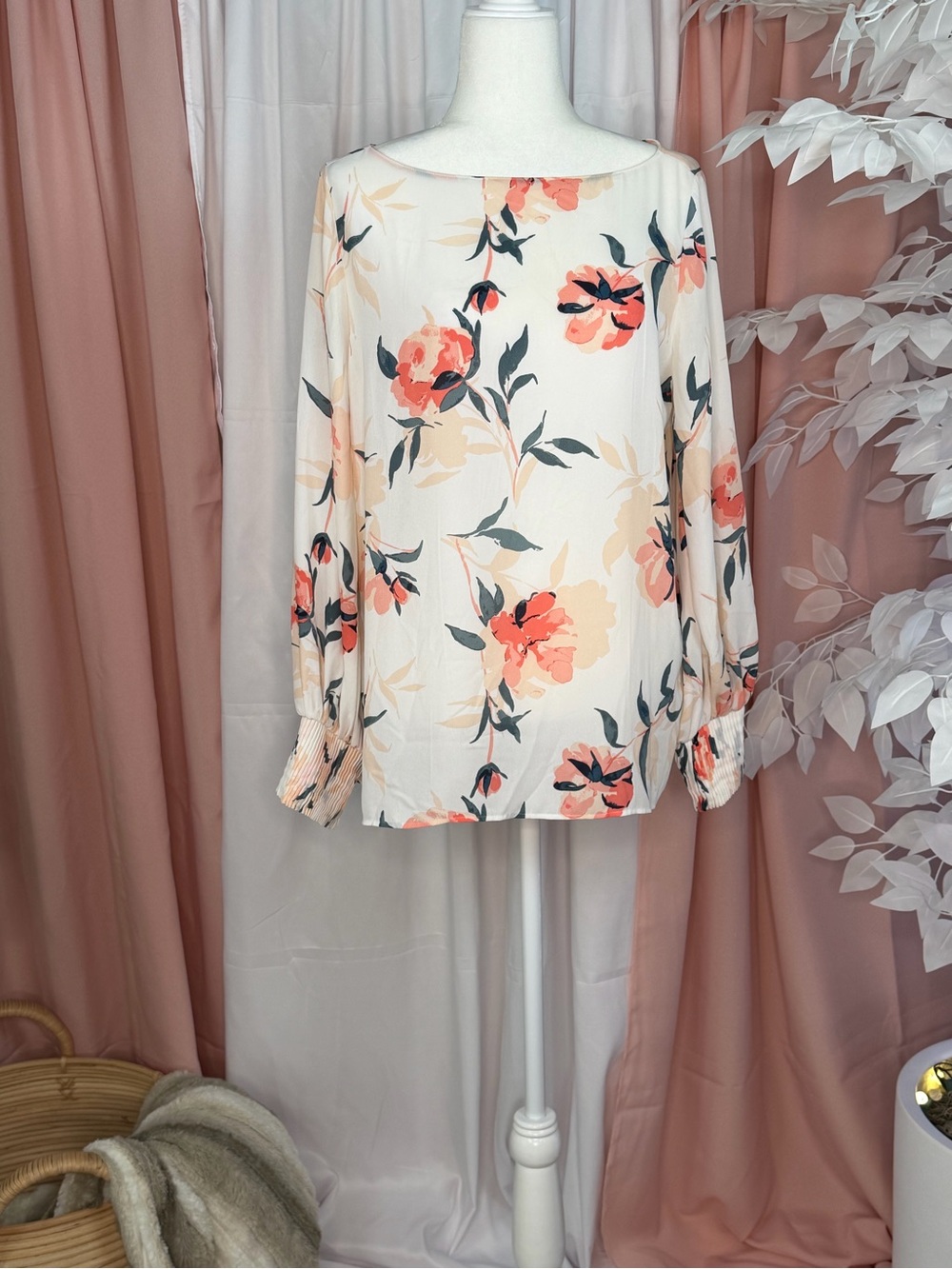 Floral Long-Sleeve Peasant Skirt - Cream with Coral Floral